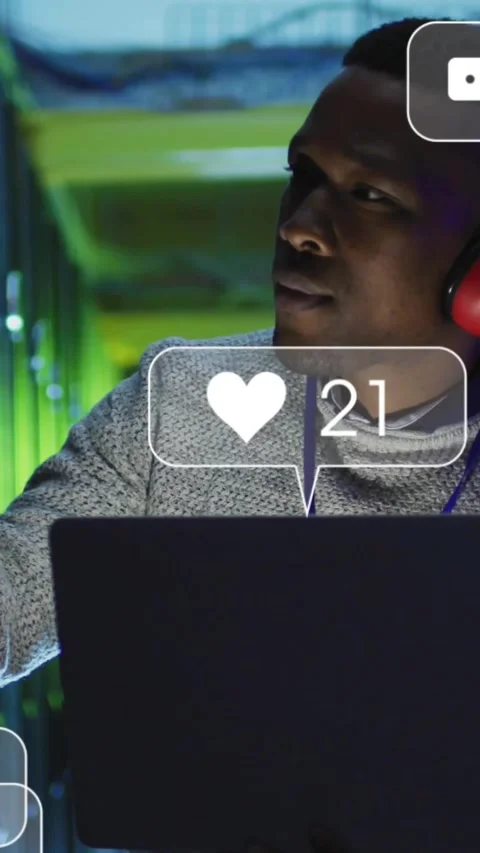 Vertical video: Tech shifting gaze gesturing toward alert bubbles rising Stock Footage 334382547