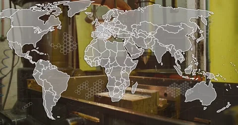 Vertical video: Tech starting tool cutting while world map growing over shop to Vidéo 331085404