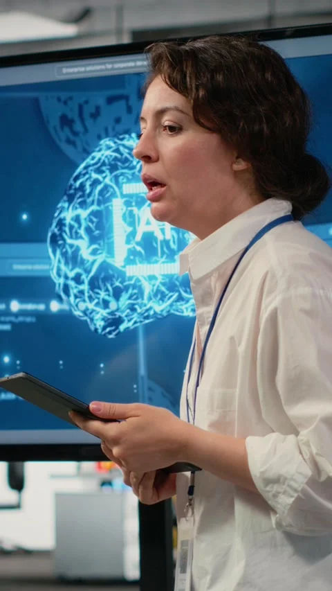 Vertical video Tech startup office CTO doing presentation on machine learning to Stock Footage 322695880
