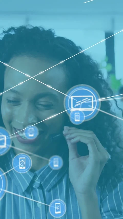 Vertical video: Tech support rep adjusting mic while blue icon emerging and Stock Footage 330358869