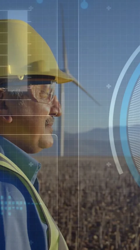 Vertical video: Tech surveying wind site while HUD animating instrument, guiding Video stock 334398153