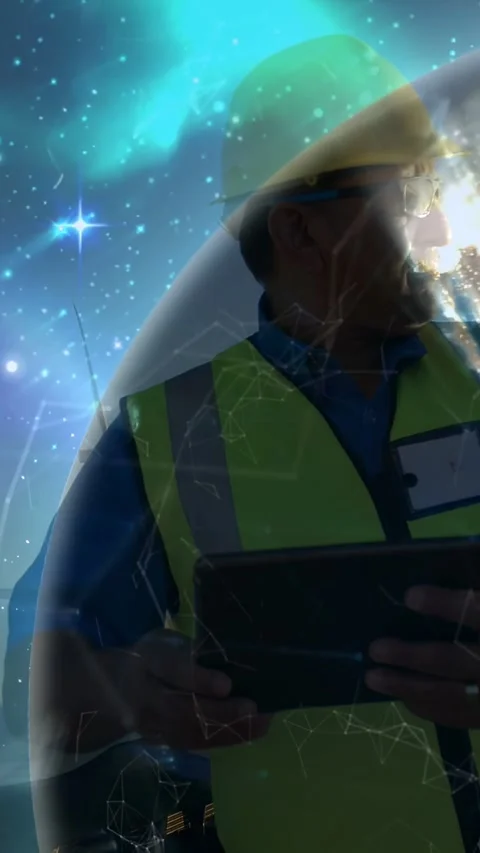 Vertical video: Tech with tablet tapping, scanning turbine as globe overlay Stock Footage 332644417