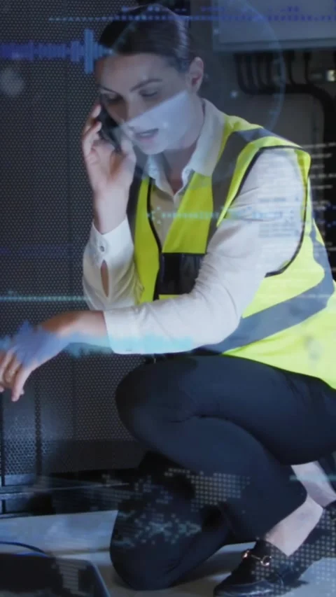 Vertical video: Tech taking call while testing rack on laptop as code overlay Stock Footage 330430036