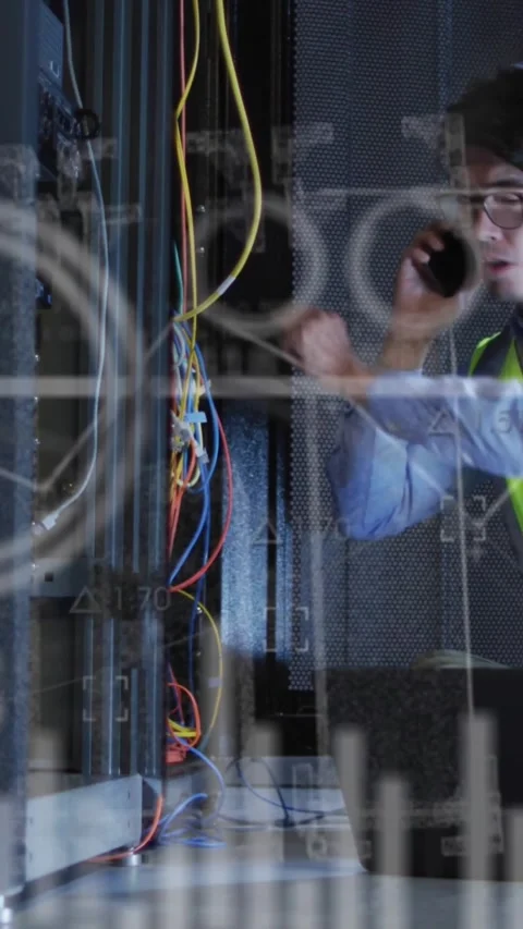 Vertical video: Tech taking call while plugging server cables, HUD overlay 動画素材 331790402