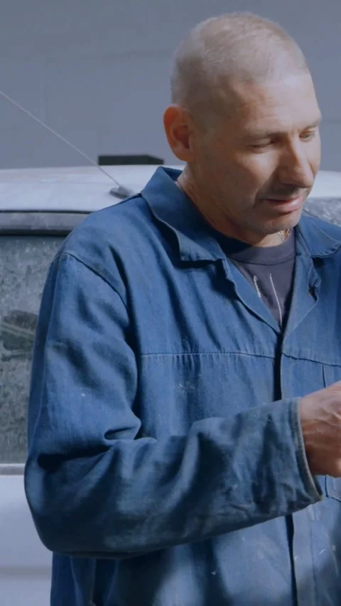 Vertical video: Tech tapping key fob beside car and revealing holo vehicle chart Stock Footage 334541052