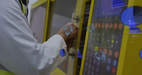 Vertical video: Tech tapping panel, opening door, fixing rollers for plant check Stock Footage 331109246