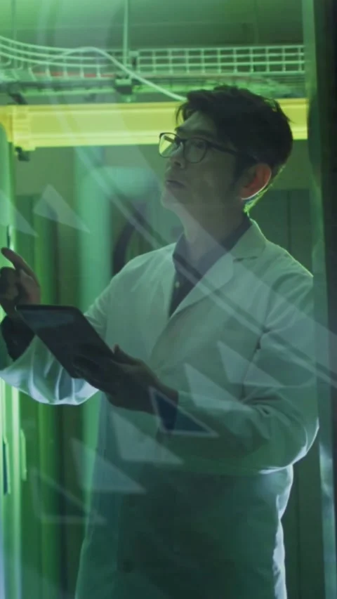 Vertical video: Tech tapping tablet and verifying rack data, green triangles Stock Footage 331739218