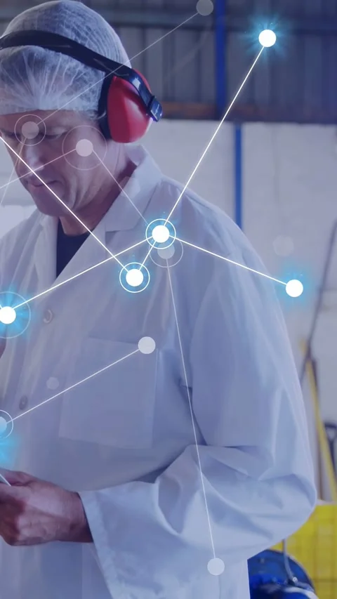 Vertical video: Tech tapping tablet, causing network nodes linking hands and Stock Footage 333556046