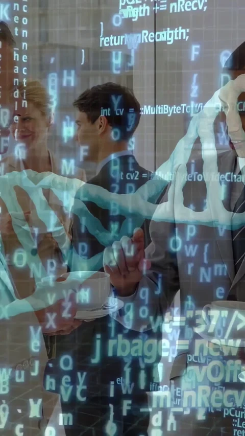 Vertical video: Tech team chatting over coffee by glass sparking cyan DNA code Stock Footage 333020668