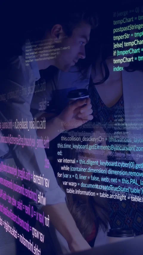 Vertical video: Tech team leaning over screen, debugging code while code overlay Video stock 330242540