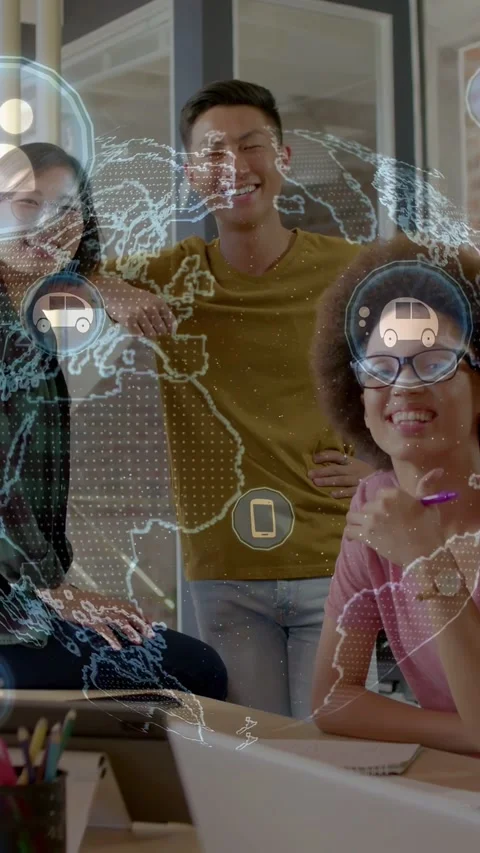 Vertical video: Tech team posing, data starting globe overlaying group for demo, Stock Footage 334377765