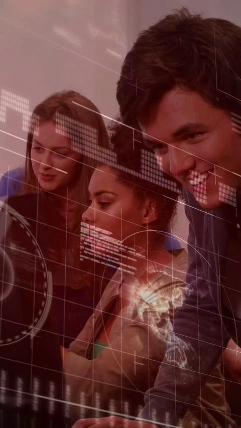 Vertical video: Tech team typing at monitor, animating HUD graphs and globe, Stock Footage 333658230