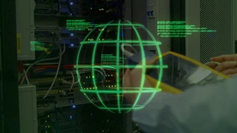 Vertical video: Tech testing servers, moving probe toward rack ports in IT, Stock Footage 332772245