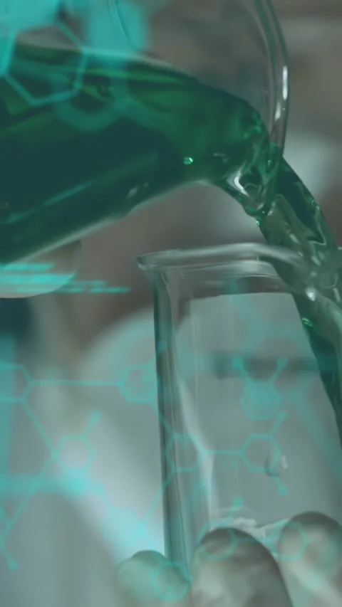 Vertical video: Tech tilting beaker, pouring green mix into tube for assay, teal Stock Footage 330395229