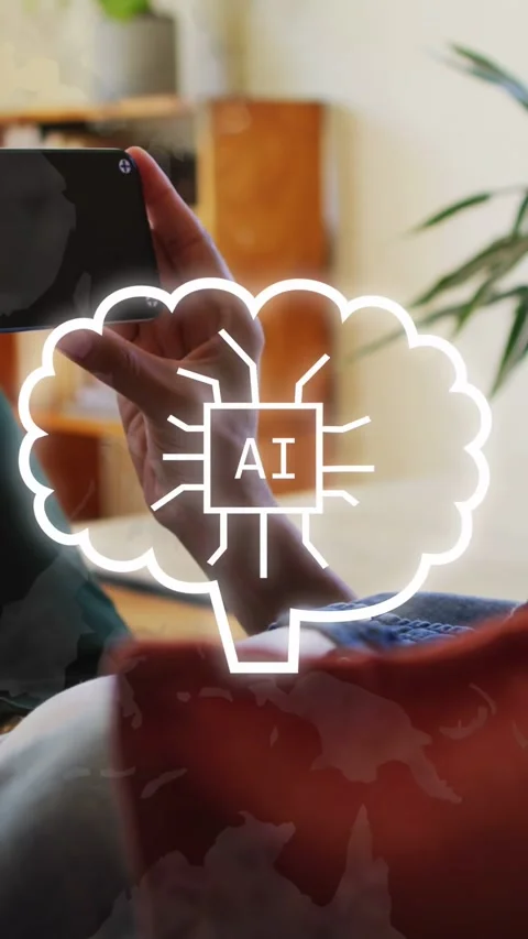 Vertical video: Tech user testing phone tapping on couch, animated AI cloud Stock Footage 334771041