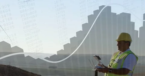 Vertical video: Tech using remote, guiding drone with animated bars over helmet Stock Footage 334112454