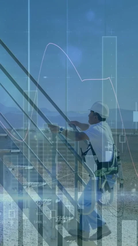Vertical video: Tech walking stairs gripping rail climbing for turbine work with Stock Footage 332823522