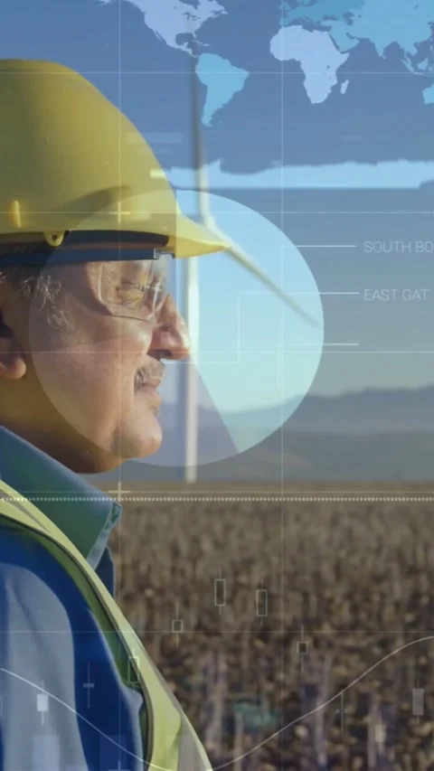 Vertical video: Tech watching wind turbine while live data overlaying pie and Stock Footage 334601133