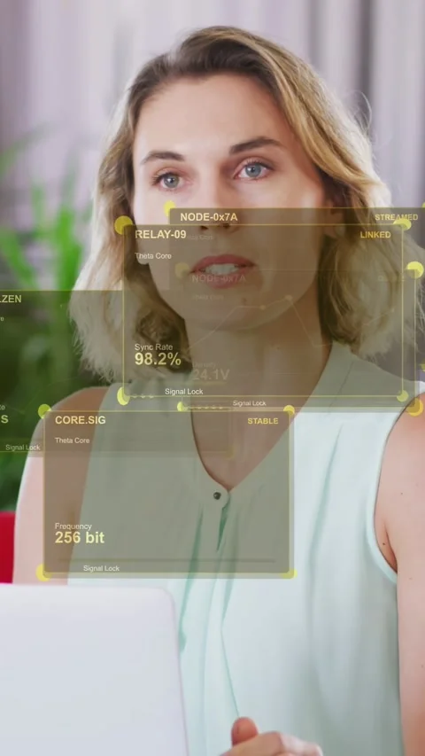 Vertical video: Tech woman looking at laptop, speaking, causing HUD stacking Stock Footage 333978420