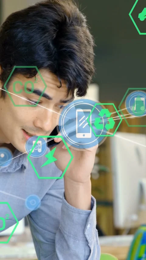 Vertical video: Tech worker answering phone call causing AR icons and lines Stock Footage 330305904