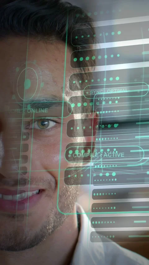 Vertical video: Tech worker reacting as teal UI displaying 'SYNC: OPTIMAL', Stock Footage 333896435