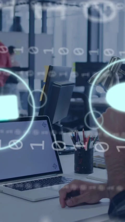 Vertical video: Tech worker tapping phone, activating UI icons and binary fading Stock Footage 334770722