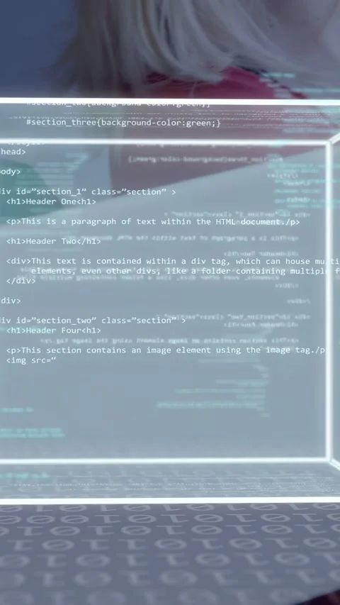 Vertical video: Techdev raising hand on grid, cube displaying code for demo Stock Footage 335678215