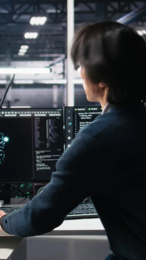 Vertical video Technician arriving in data center office, coding with generative Stock Footage 313456654