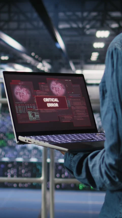 Vertical video Technician in data center stressed by critical error popup on Stock Footage 310776034