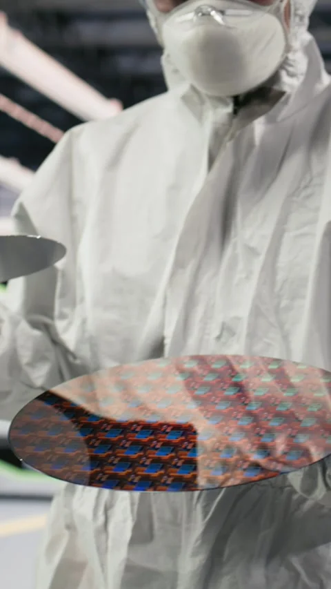 Vertical video Technician examining semiconductor substrate in cleanroom of Stock Footage 333615187