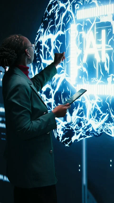 Vertical video Technician implements digital guardrails on autonomous AI system Stock Footage 329451272