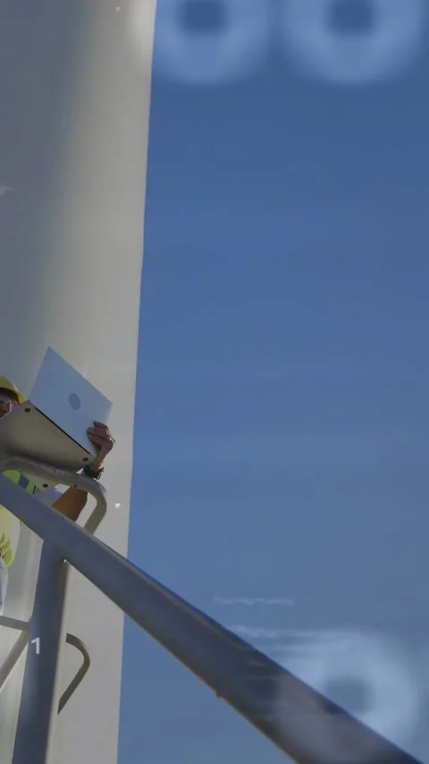 Vertical video: Technician tapping tablet starting camera panning upward, 스톡 동영상 332747664