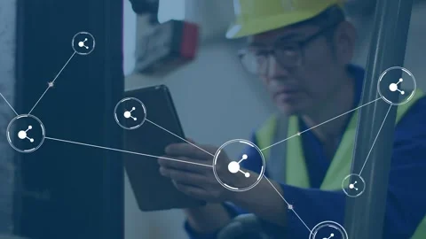 Vertical video: Technician touching tablet and activating network nodes while Stock Footage 332666970