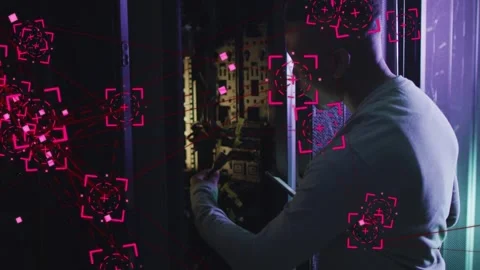 Vertical video: Technician using tablet and testing cable to fix IT while Stock Footage 333034783