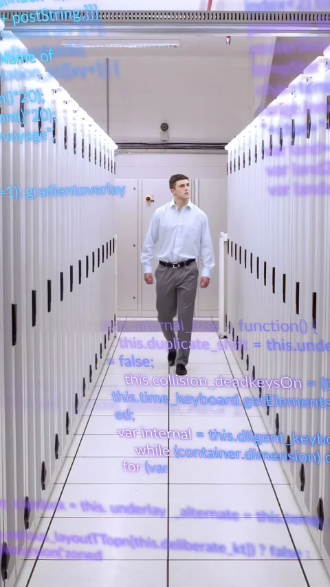 Vertical video: Technician walking from rear panel down server aisle, code Stock Footage 332845827