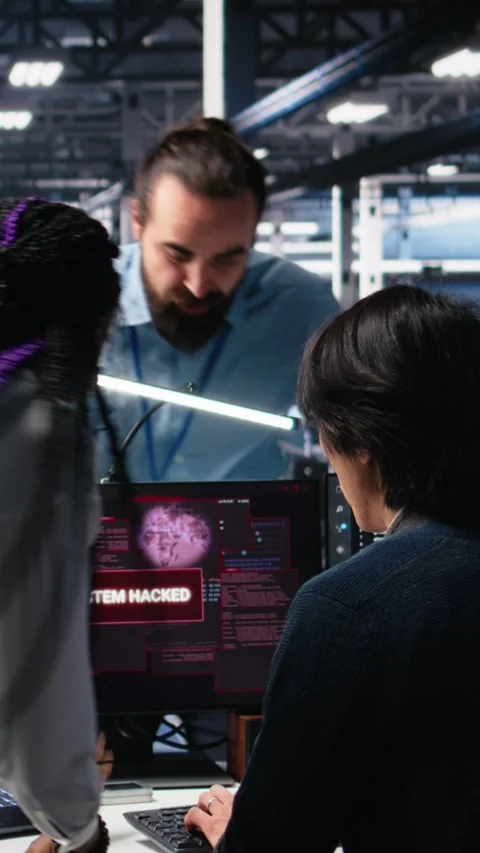 Vertical video Technicians in AI server hub panicked by hacking attempt stealing Stock Footage 313454885