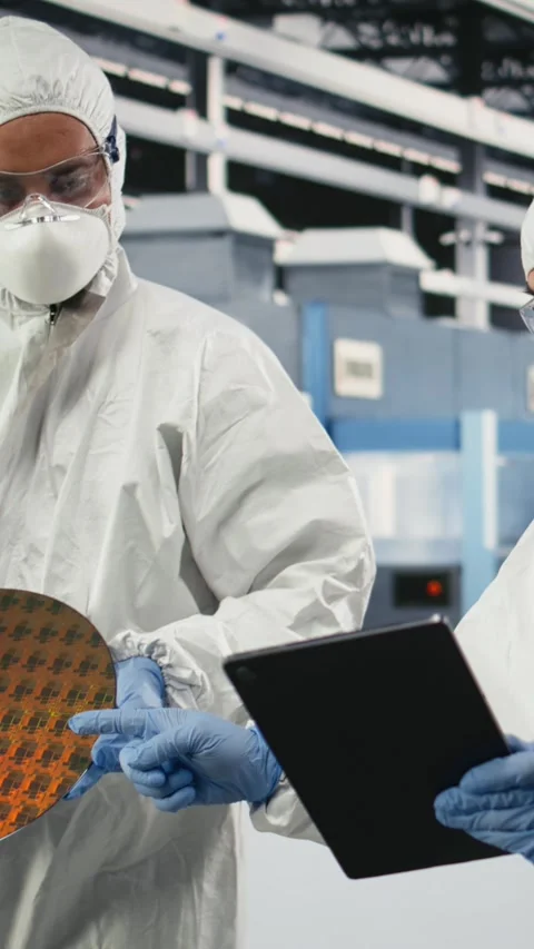 Vertical video Technicians analyzing delicate electronic component in Vídeos de archivo 333615111