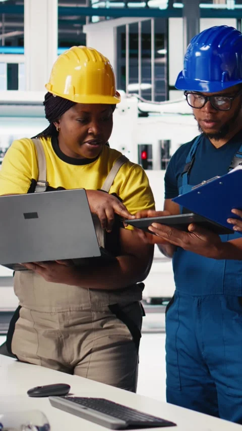 Vertical Video Technicians group in photovoltaics factory use tracking software Stock Footage 308890960