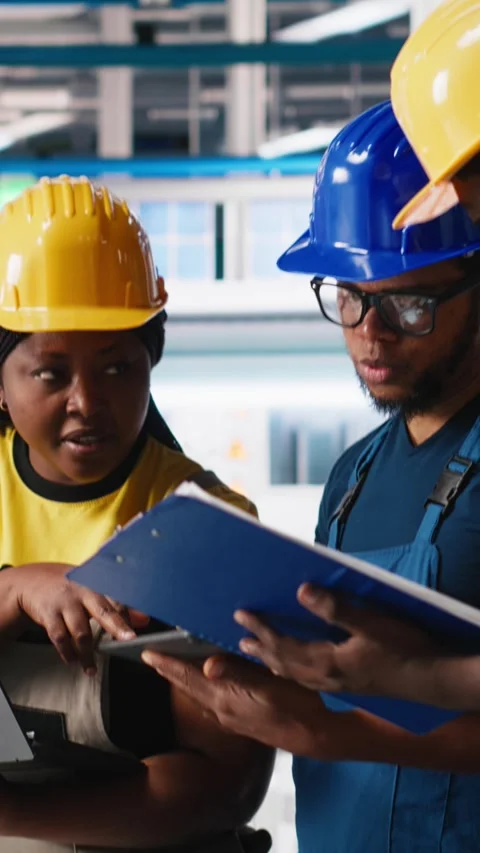 Vertical Video Technicians group in photovoltaics factory use tracking software Stock Footage 308978772