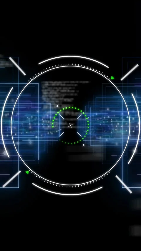 Vertical video: Technology HUD rotating and pulsing on ping, focusing blue bands Stock Footage 332547006