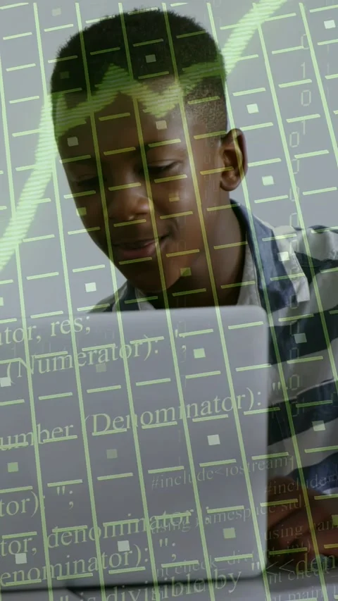 Vertical video: Teen glancing down, typing laptop while grid and green graph Stock Footage 333633172