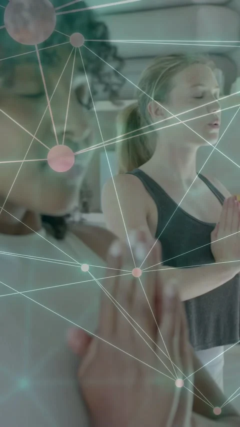 Vertical video: Teens joining palms, activating node overlay guiding breath, Stock Footage 334704911