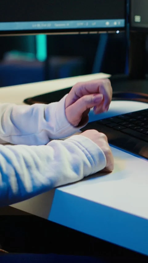 Vertical video Teleworking computer technician typing on keyboard, close up Stock Footage 283507575