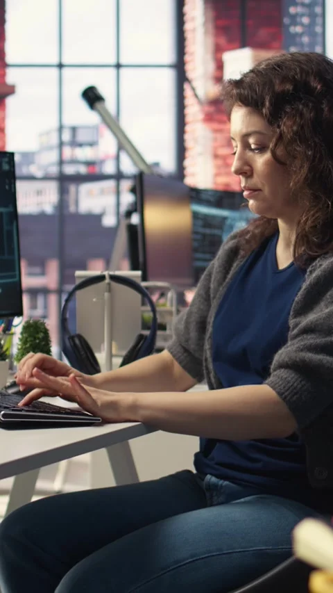 Vertical Video Teleworking developer using computer for artificial intelligence Stock Footage 308491310