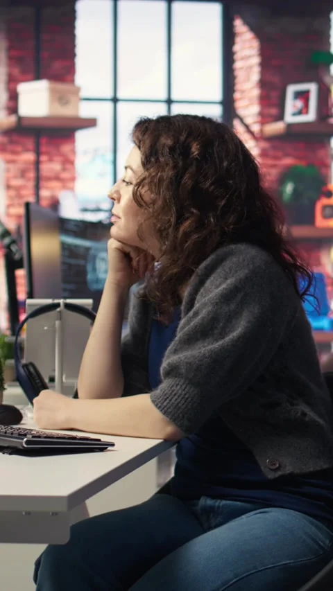 Vertical Video Teleworking developer using computer for artificial intelligence Stock Footage 308492702