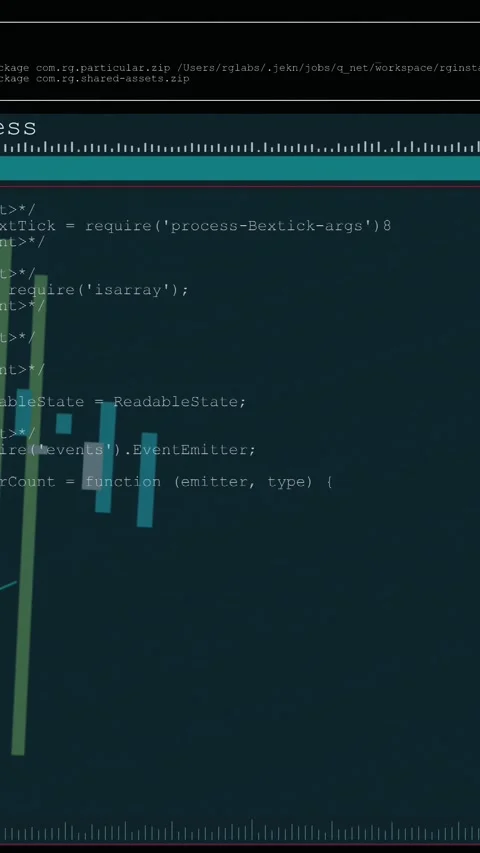 Vertical video: Terminal revealing code from near-black, bars rising and traces Stock Footage 329552626