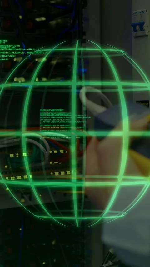 Vertical video: Tester nearing patch panel causing green globe while tech Stock Footage 340133384