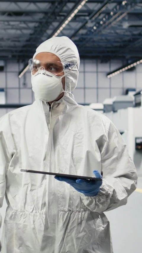 Vertical video Testing silicon wafer batches, tablet control app and portrait of Stock Footage 333614819