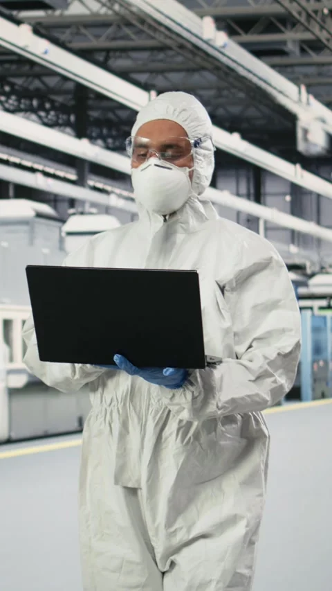 Vertical video Testing silicon wafer batches, laptop software and specialist Stock Footage 333615046