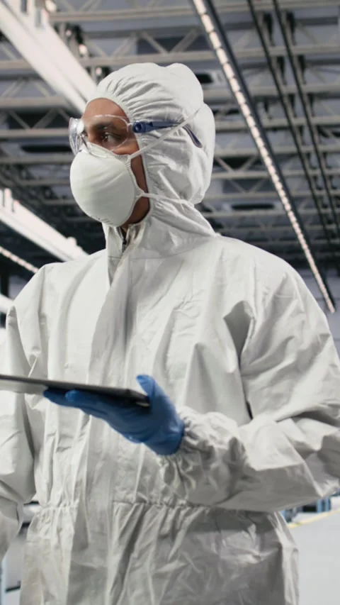 Vertical video Testing silicon wafer batches, tablet control app and portrait of Stock Footage 333615153